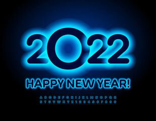 Vector neon Greeting Card Happy New Year 2022! Glowing blue Font. Electric light Alphabet Letters and Numbers set