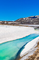 Frozen turquoise lake Vavatn panorama in summer landscape Hemsedal Norway.