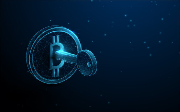 Bitcoin coin with key.  Cryptocurrency concept. Low polygon line, triangles, and particle style design. Abstract geometric wireframe light connection structure