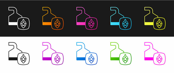 Set Traditional brewing vessels in brewery icon isolated on black and white background. Beer brewing process. Distillery plant, brewery. Vector