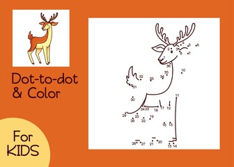 Dot-to-dot and coloring game with deer. Educational games for kids with cute cartoon character. Numbers game with contour. Math worksheet for kindergarten, preschool.