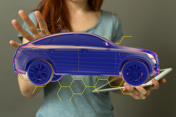 Hologram auto, futuristic polygonal model auto.