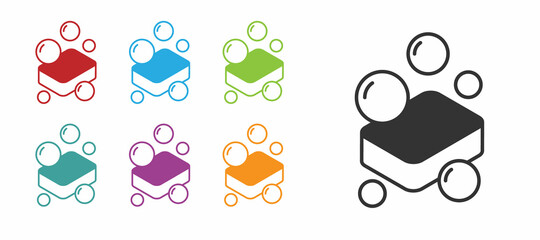 Black Bar of soap icon isolated on white background. Soap bar with bubbles. Set icons colorful. Vector