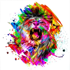 Poster colorful artistic roaring lioness muzzle with bright paint splatters on dark background © reznik_val