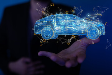 Hologram auto, futuristic polygonal model auto.