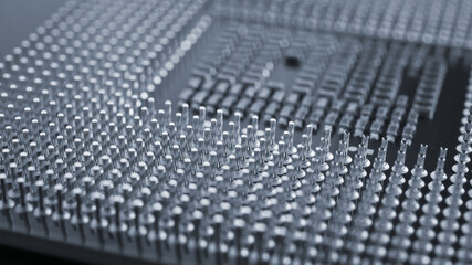 Computer processor close up. Dark gray tinted background or backdrop. Information technology wallpaper. A pattern of contacts and semiconductors of a pc microprocessor. Macro