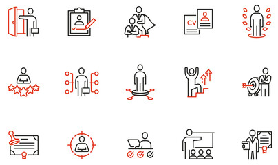 Vector Set of Linear Icons Related to Recruitment, Career Progress, Personal Development, Striving for Success, Motivation and Training. Mono Line Pictograms and Infographics Design Elements