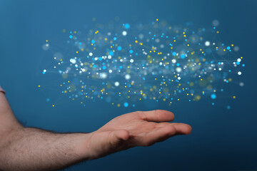 holding 3D rendering group of blue people