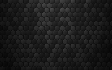 Hexagon abstract background. Dark honeycomb design. Black metal texture. Gray carbon effect. Steel backdrop with shadow. Vector illustration