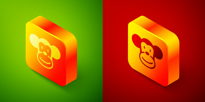 Isometric Monkey icon isolated on green and red background. Animal symbol. Square button. Vector