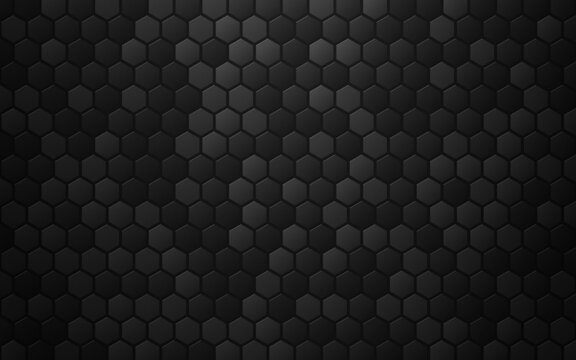 Hexagon abstract background. Dark honeycomb design. Black metal texture. Gray carbon effect. Steel backdrop with shadow. Vector illustration © Vegorus