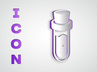 Paper cut Bottle with potion icon isolated on grey background. Flask with magic potion. Happy Halloween party. Paper art style. Vector
