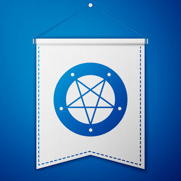 Blue Pentagram in a circle icon isolated on blue background. Magic occult star symbol. White pennant template. Vector