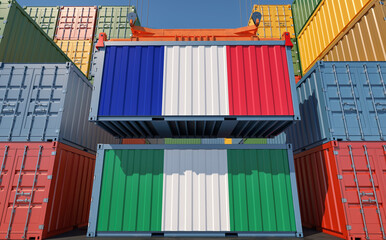 Freight containers with France and Nigeria national flags. 3D Rendering 