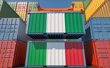 Freight containers with Italy and Nigeria national flags. 3D Rendering 