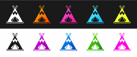 Set Traditional indian teepee or wigwam icon isolated on black and white background. Indian tent. Vector © Kostiantyn