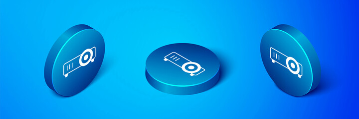 Isometric Presentation, movie, film, media projector icon isolated on blue background. Blue circle button. Vector