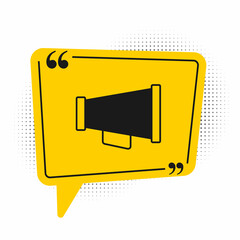 Black Megaphone icon isolated on white background. Speaker sign. Yellow speech bubble symbol. Vector