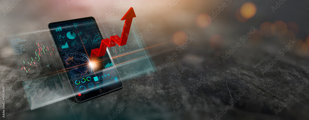 Aufkleber Increasing red arrow graph with business data report with growth profit and virtual interface in digital tablet computer.Business growing,Digital marketing technology and global Successful business