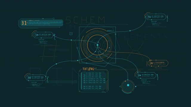 Abstract animated multi-component scheme in HUD style.