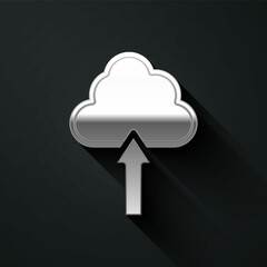 Silver Cloud upload icon isolated on black background. Long shadow style. Vector
