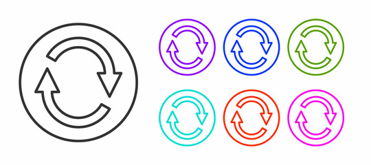 Black line Recycle symbol icon isolated on white background. Circular arrow icon. Environment recyclable go green. Set icons colorful. Vector