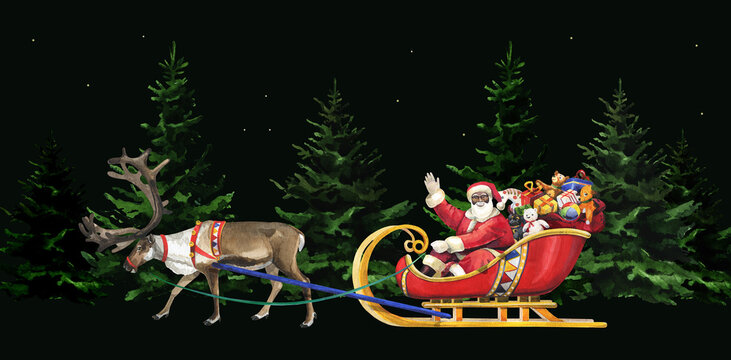 Watercolor Santa Claus, gifts, Christmas tree and deer
