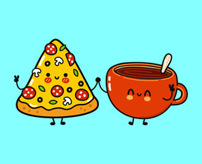 Cute, funny happy pizza and cup of coffee character. Vector hand drawn cartoon kawaii characters, illustration icon. Funny cartoon pizza and cup of coffee paper cup friends concept