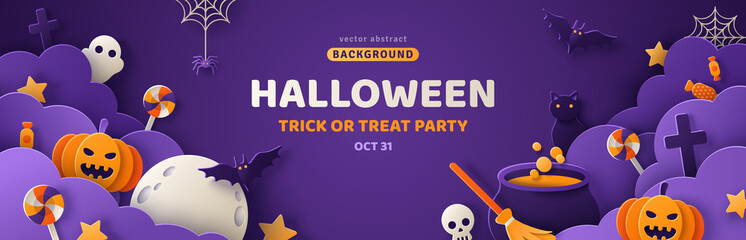 Happy Halloween banner or party invitation background with night clouds and pumpkins in paper cut style. Vector illustration. Full moon, witch cauldron, spiders web and flying bat. Place for text