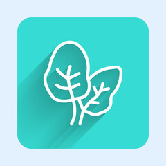 White line Tropical leaves of palm tree icon isolated with long shadow background. Green square button. Vector