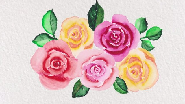Animated Hand painted watercolor roses. Heart background. Festive video background, animated background for video, video exhibition