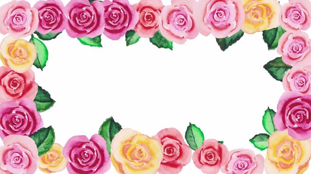 Hand painted. Animated frame of watercolor roses. Animated background for video, video exhibition. Moving yellow, red and pink roses