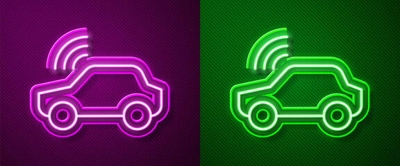 Glowing neon line Smart car system with wireless connection icon isolated on purple and green background. Remote car control. Vector