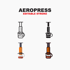 Aeropress icon symbol set of outline, solid, flat and filled outline style. Isolated on white background. Editable stroke vector icon. - obrazy, fototapety, plakaty