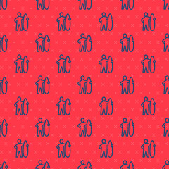 Blue line Surfboard icon isolated seamless pattern on red background. Surfing board. Extreme sport. Sport equipment. Vector
