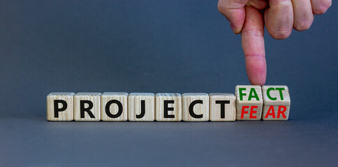 Project fact or fear symbol. Businessman turns cubes, changes words 'project fear' to 'project fact'. Beautiful grey background. Business, ecological and project fact or fear concept. Copy space.