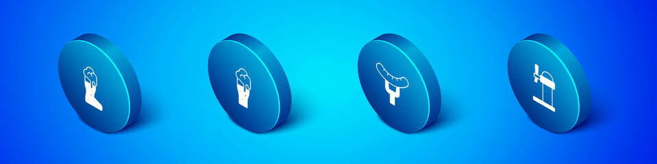 Set Isometric Boot beer glass, Sausage on the fork, Dispenser and Glass of icon. Vector