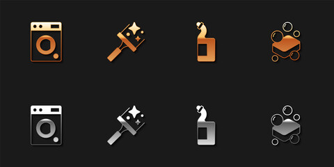 Set Washer, Rubber cleaner for windows, Dishwashing liquid bottle and Bar of soap icon. Vector