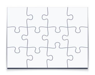 Puzzle 3x4 grid. Jigsaw game with 12 pieces, mosaic vector mockup illustration