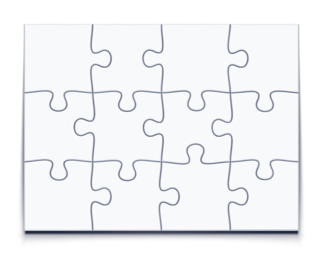 Puzzle 3x4 grid. Jigsaw game with 12 pieces, mosaic vector mockup  illustration Stock Vector