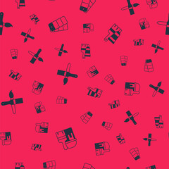Set Paint bucket with brush, Color palette guide, and Tube paint and on seamless pattern. Vector