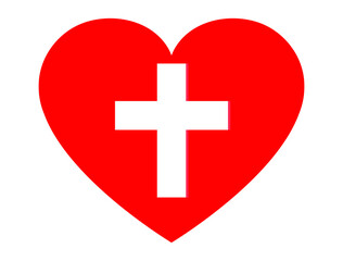 Medical red heart with a white cross. Health symbol. Hospital logo. Ambulance . Surgery and health care. Vektor.