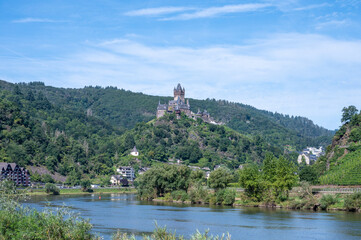 View on Mosel river, hills with vineyards and castle in old town  Cochem, Germany, Germany