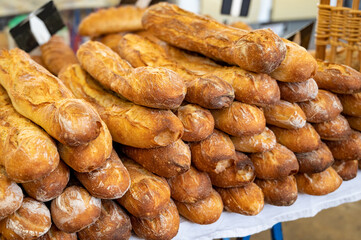 French bakery, many fresh baked baguettes breads ready for sale