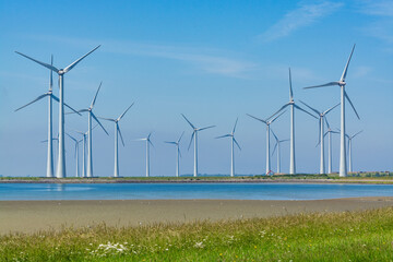 Windmills energy park in Zeeland, Netherlands, industrial landscape