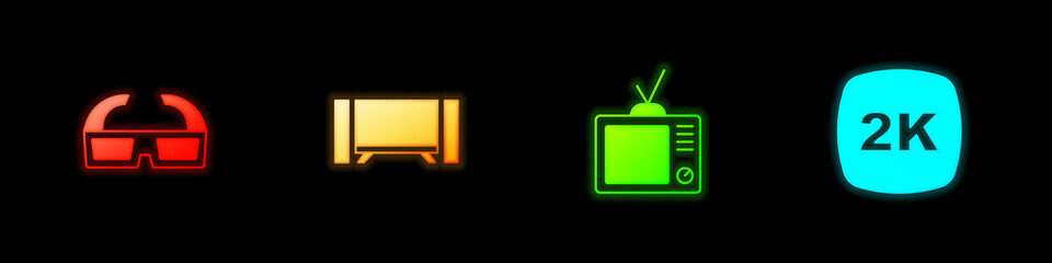 Obraz premium Set 3D cinema glasses, Smart Tv, Retro tv and 2k Ultra HD icon. Vector