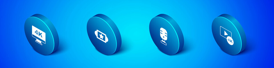 Set Isometric Screen tv with 4k, Microphone, and Cinema ticket icon. Vector