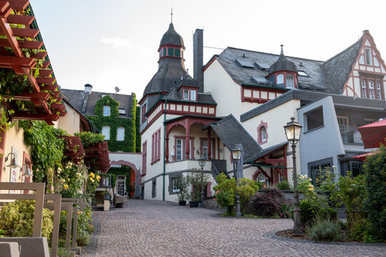 Walking in Mosel river valley, houses of old town Traben-Trarbach, Germany