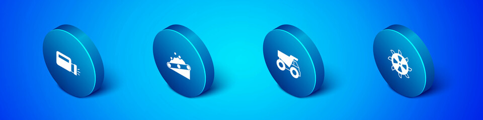 Set Isometric Flashlight, Mining dump truck, Bucket wheel excavator and Conveyor belt carrying coal icon. Vector