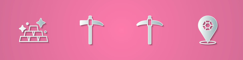 Set paper cut Gold bars, Pickaxe, and Gem stone icon. Paper art style. Vector